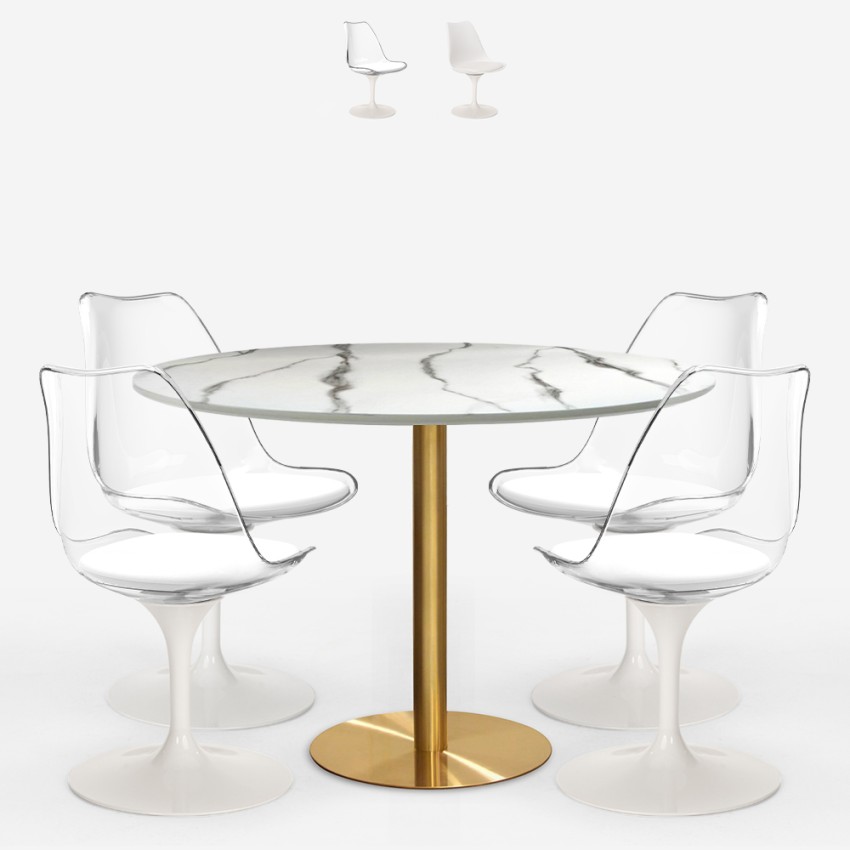 Set Tisch Tulipan weiß marmor Effekt 120cm vergoldet 4 Stühle Vixan+ Verkauf