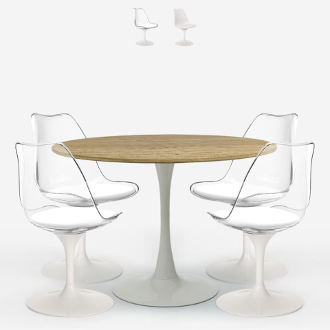 Set 4 weiße transparente Stühle Tulpenholz runder Tisch 120cm Meis+ Aktion
