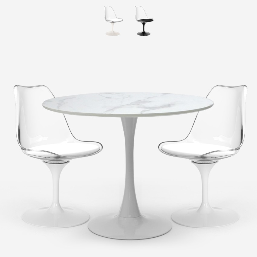 Set runder Tisch 80cm Tulipan Marmoreffekt 2 Stühle schwarz-weiß Liwat Aktion