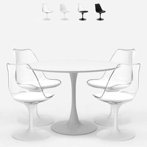 Set 4 Stühle weiß schwarz transparenten Tisch Tulipan rund 100cm Yallam. Aktion