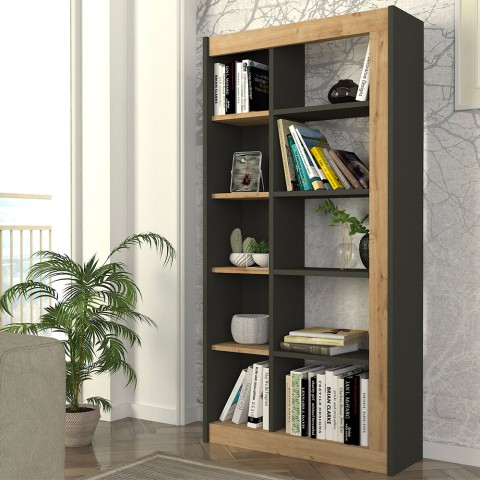 Libreria moderna 10 scaffali legno nero antracite 75x25x150cm Kevork Promozione