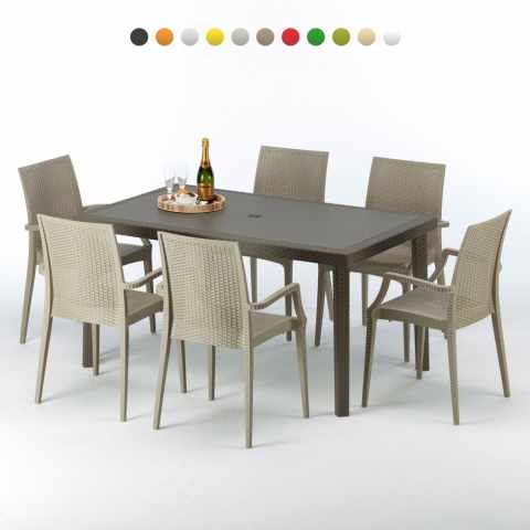 Table rectangulaire 6 chaises Poly rotin resine 150x90 marron Focus Promotion