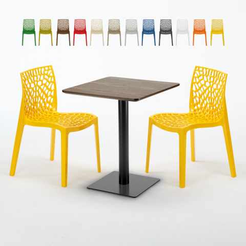 Quadratisch Tisch Holzeffekt und Schwarz Stahlfuß 60x60 cm mit 2 Bunten Stühlen Gruvyer Kiss Aktion