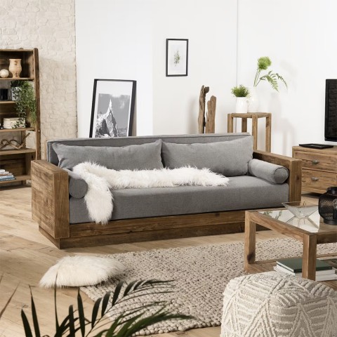 Canapé 3 places en bois rustique 225x81x81cm coussins en tissu gris Morgan Promotion