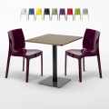 Quadratisch Tisch Holzeffekt und Schwarz Stahlfuß 60x60 cm mit 2 Bunten Stühlen Ice Kiss Aktion