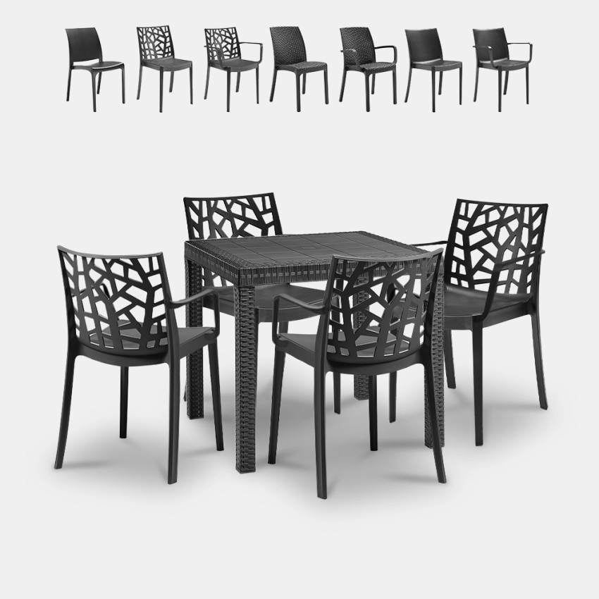 Garten-Set viereckiger Tisch 80x80cm Rattan 4 Stühle Schwarz Nisida Dark Rabatte Garten-Set viereckiger Tisch 80x80cm Rattan 4 Stühle Schwarz Nisida Dark Rabatte