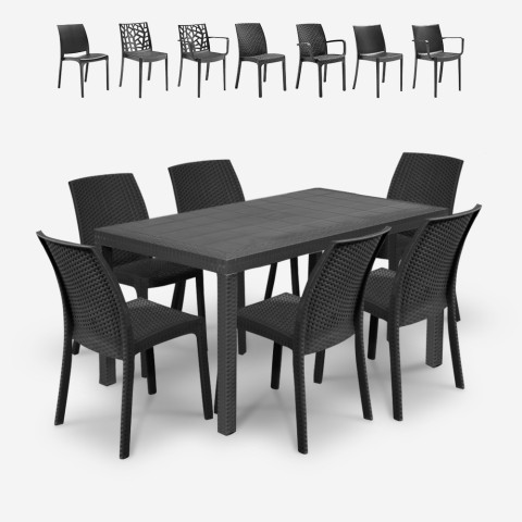 Salon de jardin table en rotin 150x90cm 6 chaises noires Meloria Dark Promotion