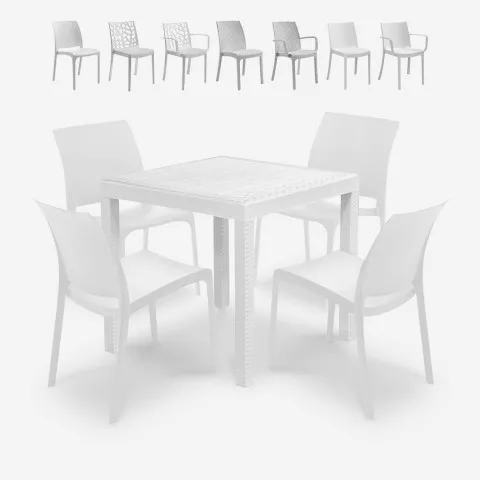 Set Garten-Tisch Außenbereich 80x80cm Rattan 4 Stühle Weiß Nisida Light Aktion