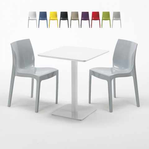 Weiß Tisch Quadratisch 60x60 mit 2 Bunten Stühlen Ice Lemon