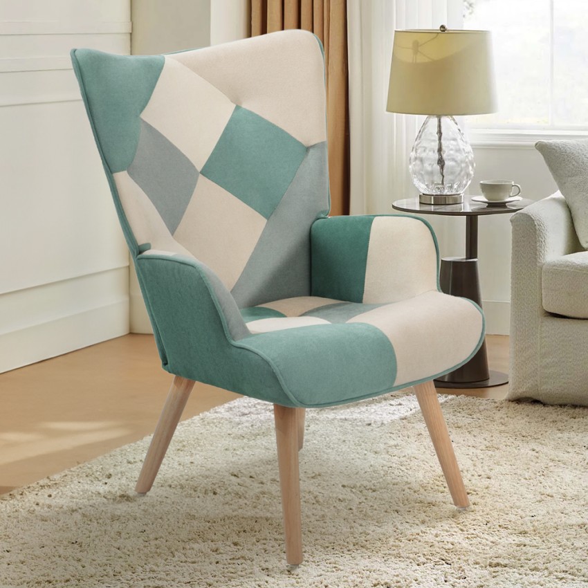 Fauteuil de salon style patchwork scandinave bois blanc et bleu Chapty Promotion Fauteuil de salon style patchwork scandinave bois blanc et bleu Chapty Promotion
