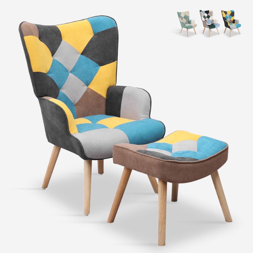 Set poltrona patchwork + pouf poggiapiedi stile scandinavo Chapty Plus Promozione Set poltrona patchwork + pouf poggiapiedi stile scandinavo Chapty Plus Promozione