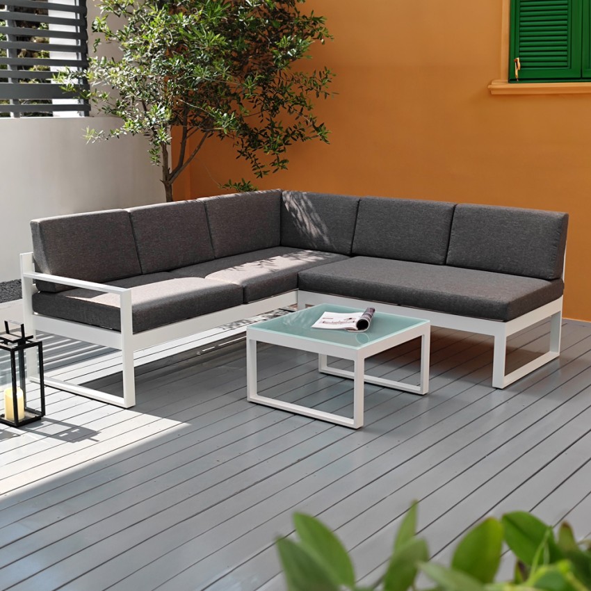 Salon de jardin canapé d'angle extérieur + table basse en verre Jamila Promotion Salon de jardin canapé d'angle extérieur + table basse en verre Jamila Promotion