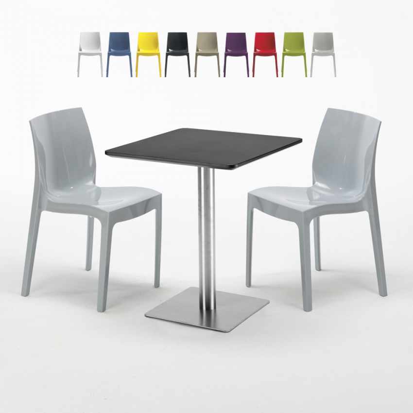 Tavolino Quadrato 60x60 cm Base Silver e Top Nero con 2 Sedie Colorate Ice Pistachio Saldi