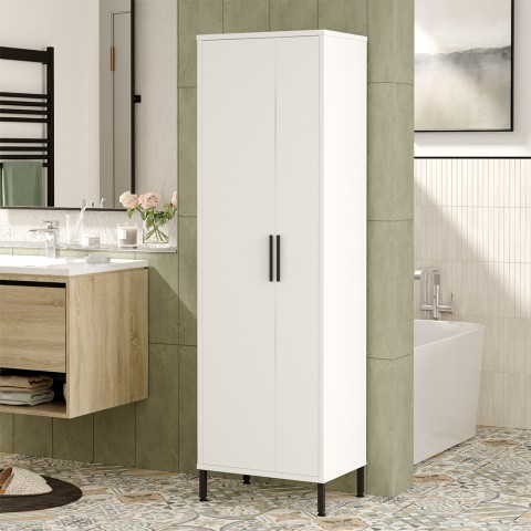 Mobile de salle de bain colonne 2 portes blanc porte-balai 50x36x175cm Livry Promotion