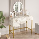 Consolle mobile trucco specchio 3 cassetti marmo bianco gambe dorate Helier Offerta