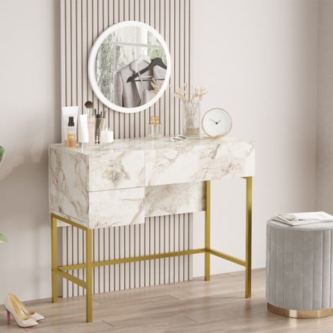 Meuble coiffeuse miroir 3 tiroirs marbre blanc pieds dorés Helier Promotion