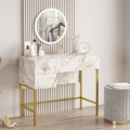 Consolle mobile trucco specchio 3 cassetti marmo bianco gambe dorate Helier Promozione