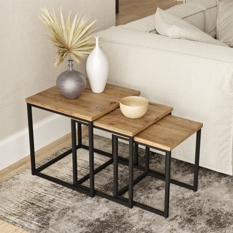 3 tables basses style industriel en bois et métal noir Leron Promotion