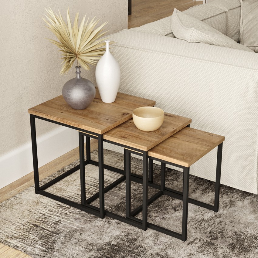 3 tables basses style industriel en bois et métal noir Leron Promotion 3 tables basses style industriel en bois et métal noir Leron Promotion