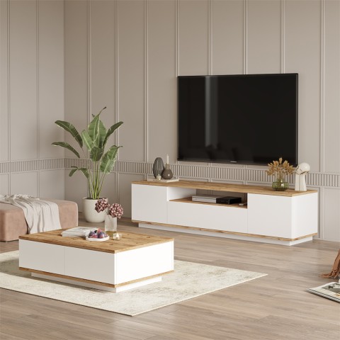Meuble TV 3 portes + table basse blanche en bois design moderne Award Promotion
