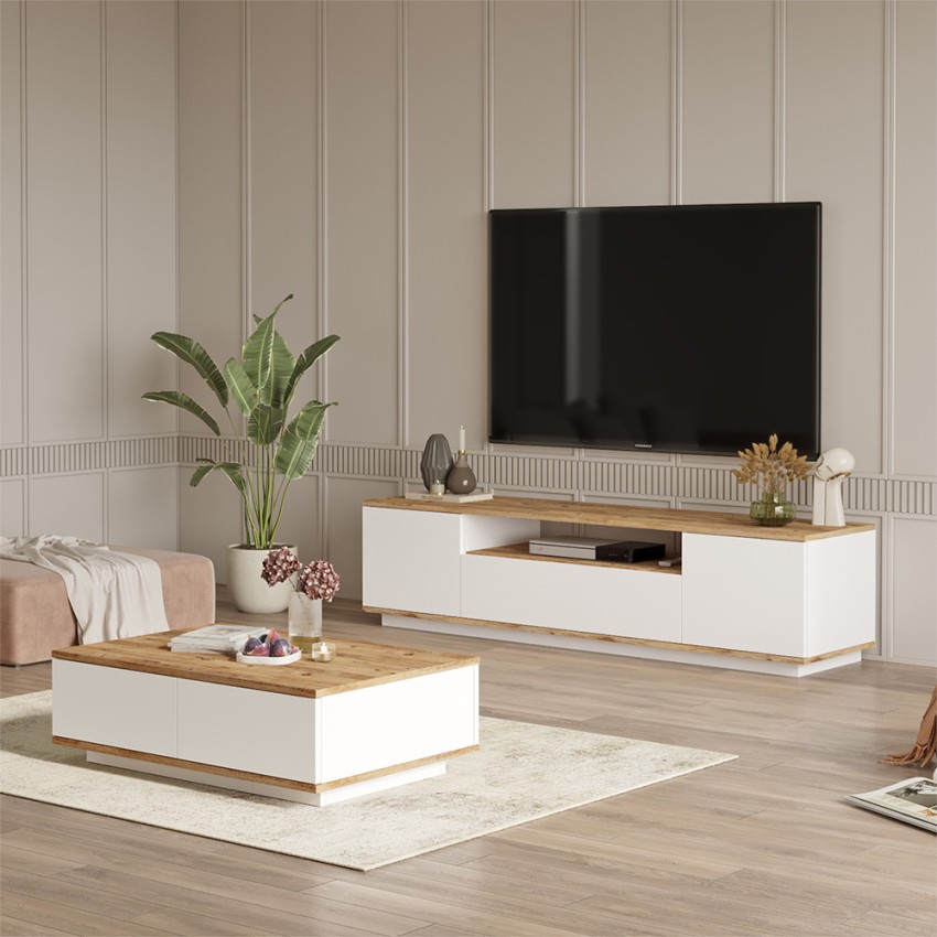 Set mobile TV 3 ante + tavolino basso bianco legno design moderno Award Promozione Set mobile TV 3 ante + tavolino basso bianco legno design moderno Award Promozione