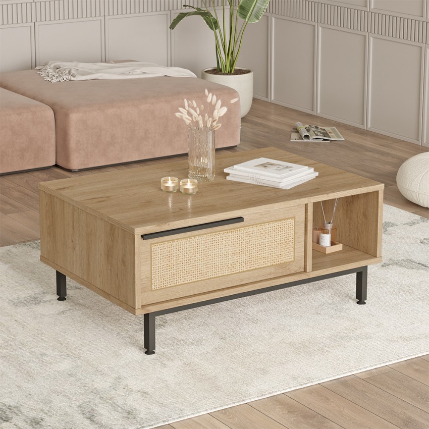 Table basse de salon 90x60cm en bois effet rotin Micheau Promotion Table basse de salon 90x60cm en bois effet rotin Micheau Promotion