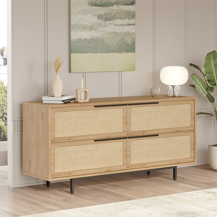 Madia credenza soggiorno cucina in legno 4 ante effetto rattan Dhunnan Promozione Madia credenza soggiorno cucina in legno 4 ante effetto rattan Dhunnan Promozione