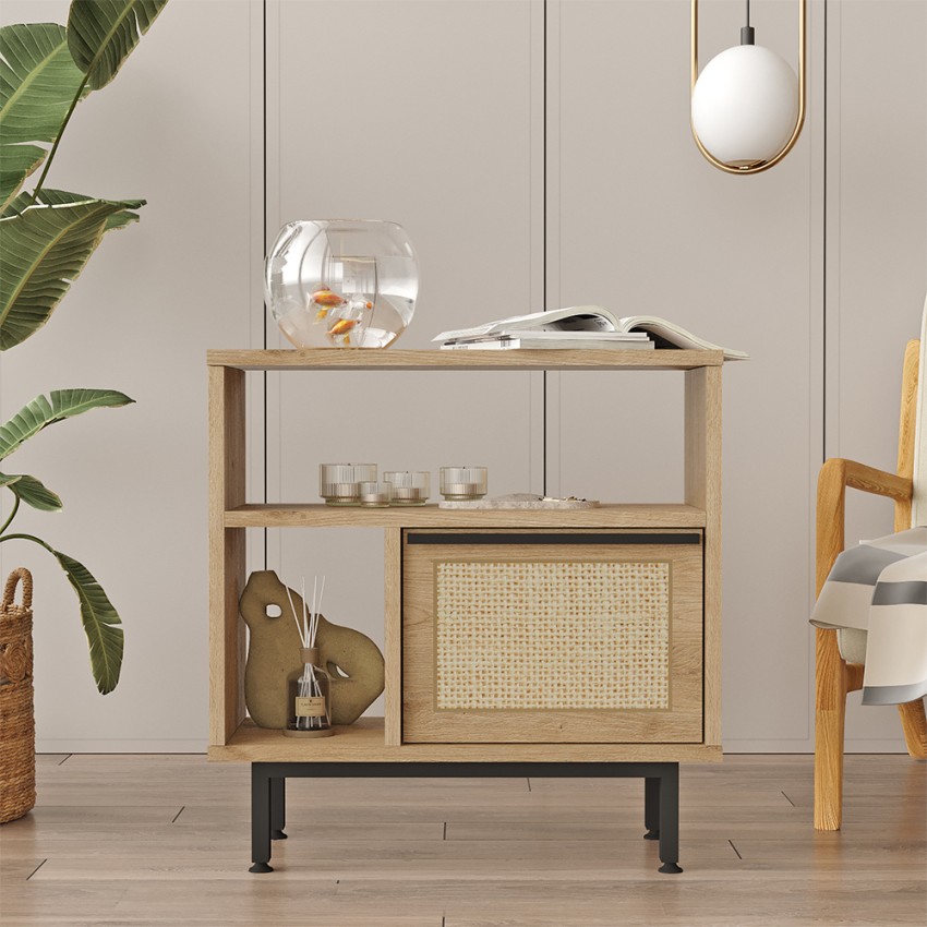 Mobiletto soggiorno 60x26x60cm legno 2 scaffali anta effetto rattan Opoli Promozione Mobiletto soggiorno 60x26x60cm legno 2 scaffali anta effetto rattan Opoli Promozione