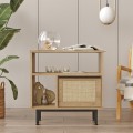 Mobiletto soggiorno 60x26x60cm legno 2 scaffali anta effetto rattan Opoli Promozione