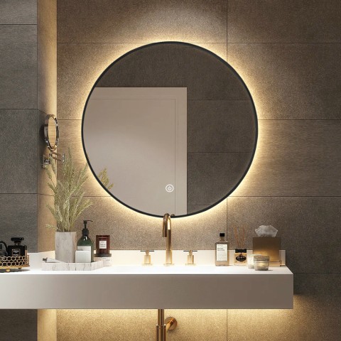 Miroir de salle de bain à LED rond 70cm rétroéclairé cadre noir Laugarv L Promotion