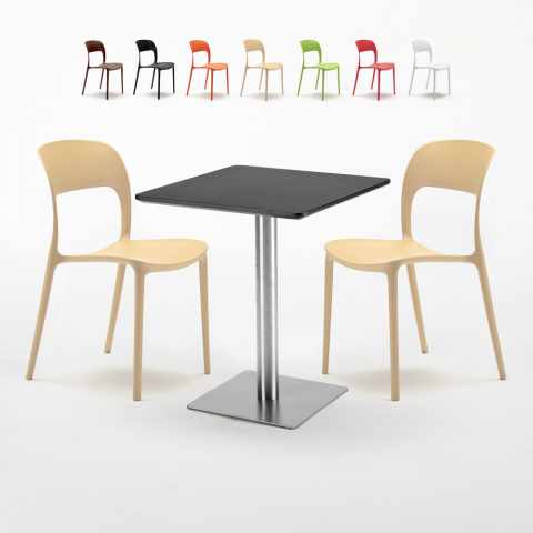 Schwarz Tisch Quadratisch 60x60 mit Stahlfuß Bunte Stühle Restaurant Pistachio Verkauf