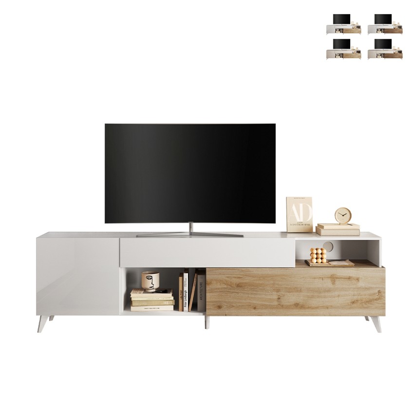 Modernes Design TV-Schrank weiß Holz Schublade 2 Türen 241x42x94cm Clere Aktion Modernes Design TV-Schrank weiß Holz Schublade 2 Türen 241x42x94cm Clere Aktion