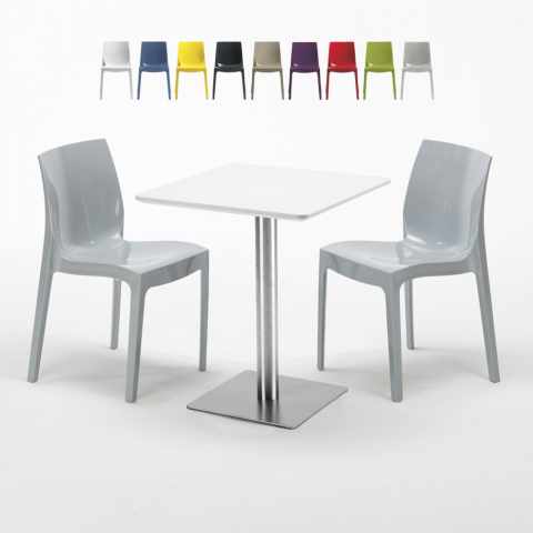Tisch Quadratisch Weiß Tischplatte 60x60 mit 2 Bunten Stühlen Ice Hazelnut