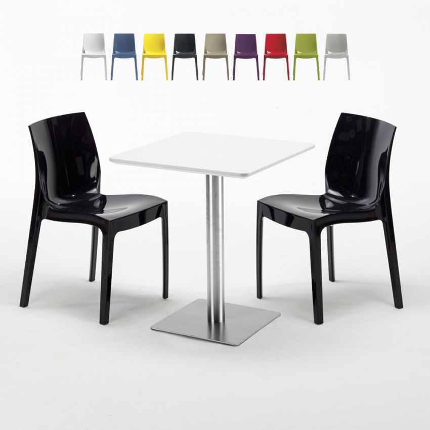 Tavolino Quadrato 60x60 cm Top Bianco con 2 Sedie Colorate Ice Hazelnut Sconti