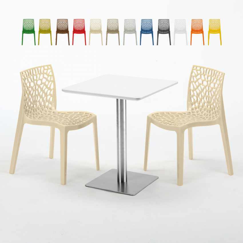 Tavolino Quadrato 60x60 cm Top Bianco con 2 Sedie Colorate Gruvyer Hazelnut Vendita