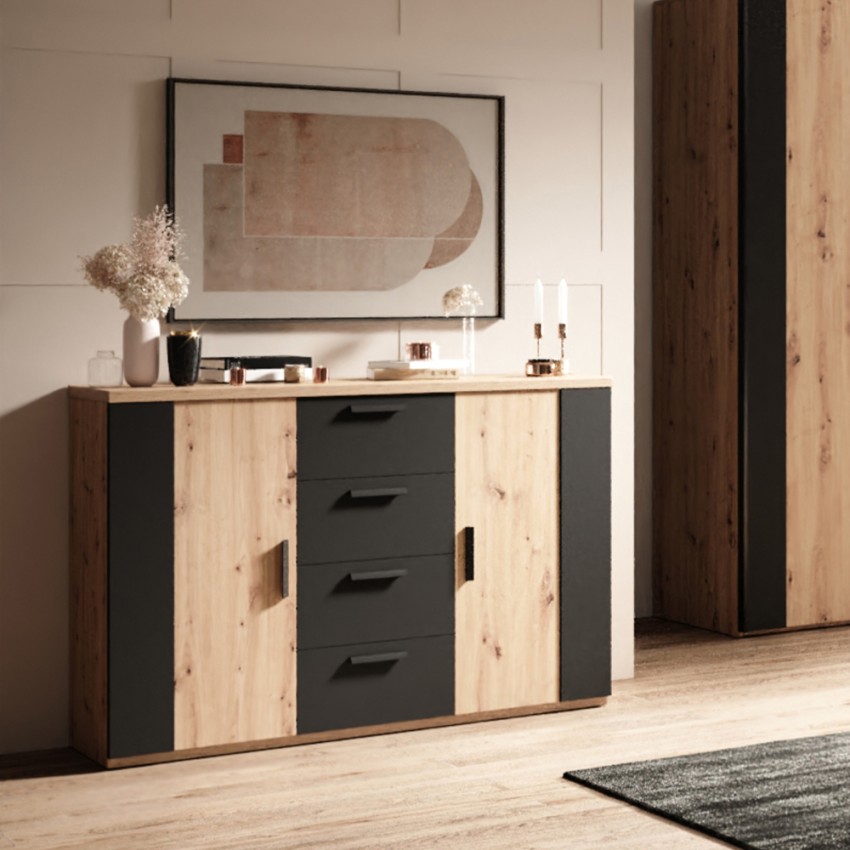 Cassettiera credenza legno rovere naturale 2 ante 4 cassetti nero Gael Promozione Cassettiera credenza legno rovere naturale 2 ante 4 cassetti nero Gael Promozione