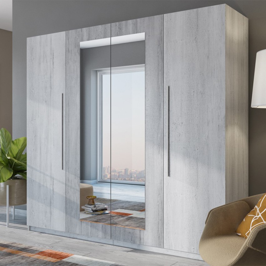 Armadio guardaroba 4 ante specchio legno rovere grigio 228x58x214 Morvel Promozione Armadio guardaroba 4 ante specchio legno rovere grigio 228x58x214 Morvel Promozione