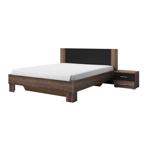 Lit double 160x200 2 tables de nuit chêne noir sommier à lattes Kivel Promotion