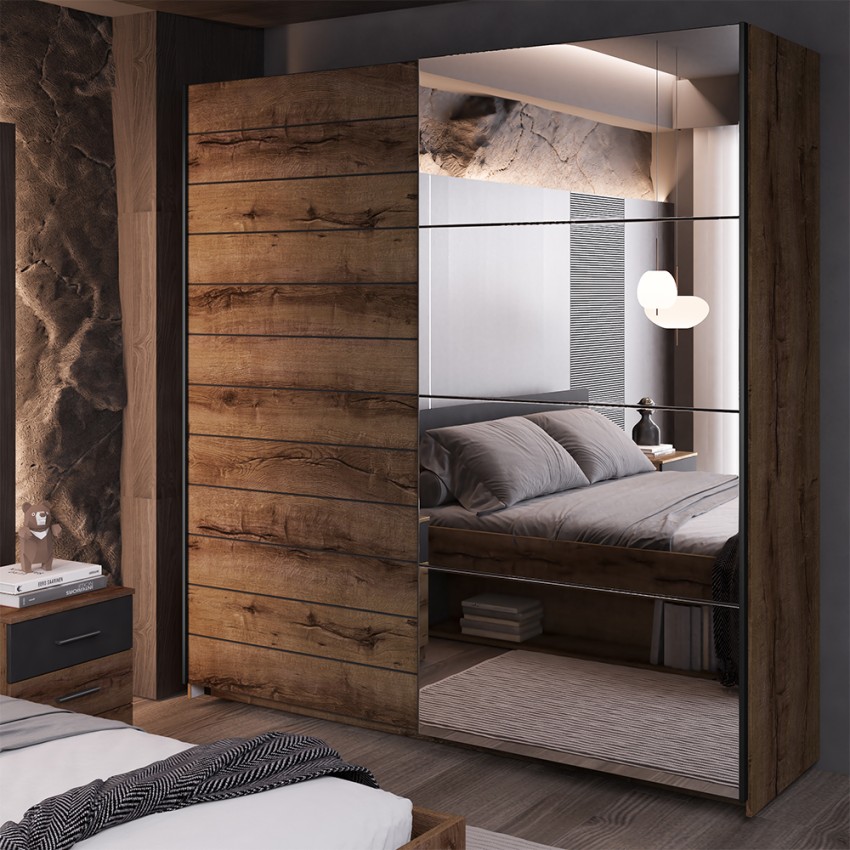 Armadio guardaroba 2 ante scorrevoli specchio rovere scuro nero Otilie Promozione Armadio guardaroba 2 ante scorrevoli specchio rovere scuro nero Otilie Promozione
