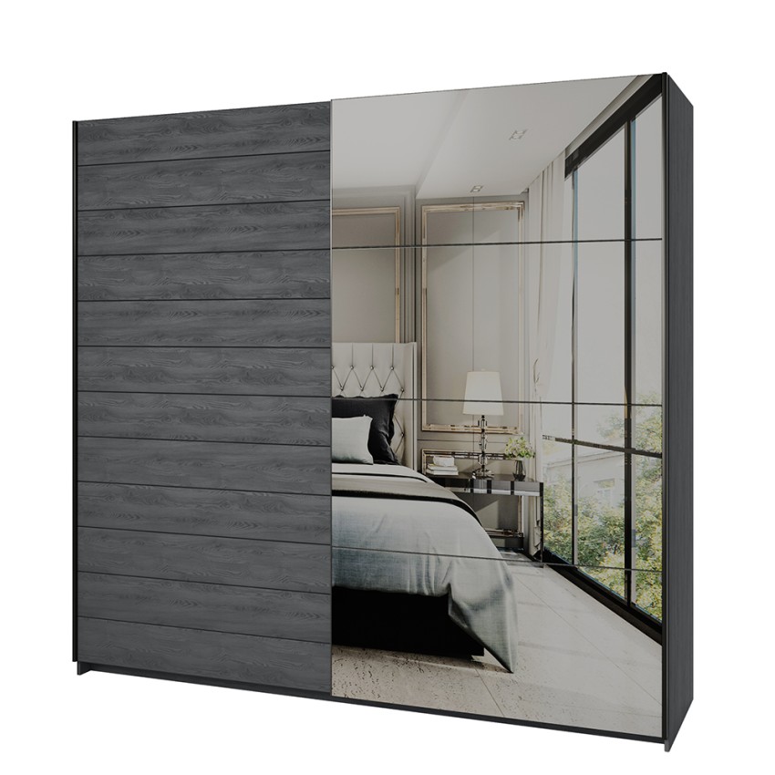 Armadio guardaroba ante scorrevoli specchio 220x61x210 rovere scuro Wamin Promozione Armadio guardaroba ante scorrevoli specchio 220x61x210 rovere scuro Wamin Promozione