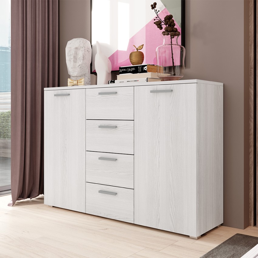 Commode chambre à coucher 4 tiroirs 2 portes blanc 132x38x93cm Lemere Promotion Commode chambre à coucher 4 tiroirs 2 portes blanc 132x38x93cm Lemere Promotion
