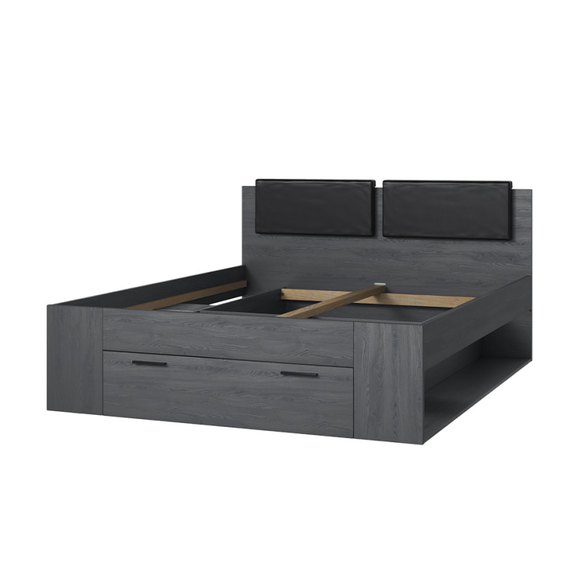 Lit double 160x200 coffre rangement sommier lattes chêne foncé Tiara Promotion Lit double 160x200 coffre rangement sommier lattes chêne foncé Tiara Promotion