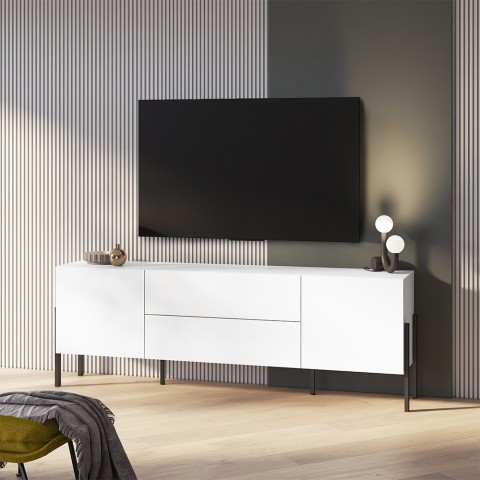 Mobile porta TV soggiorno design moderno bianco 2 ante 2 cassetti Kaveh Promozione