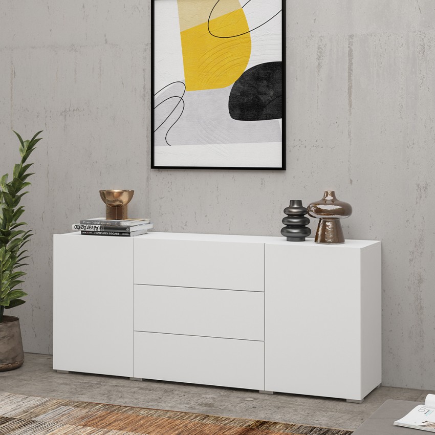 Buffet de salon moderne blanc 3 tiroirs 2 portes 140x35x63cm Mehdi Promotion Buffet de salon moderne blanc 3 tiroirs 2 portes 140x35x63cm Mehdi Promotion
