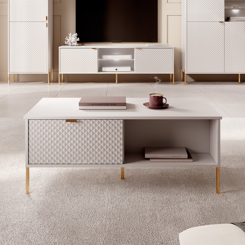 Table basse de salon à 2 portes de rangement blanc doré Oviedo Promotion Table basse de salon à 2 portes de rangement blanc doré Oviedo Promotion