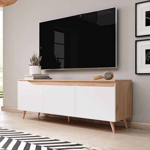 Mobile TV moderno 140cm scandinavo in legno 3 ante bianco opaco Muriel Promozione