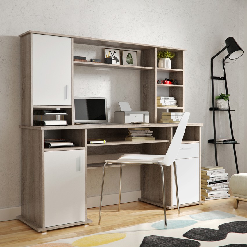 Scrivania grande camera ufficio in legno con parete attrezzata Theodor Promozione Scrivania grande camera ufficio in legno con parete attrezzata Theodor Promozione