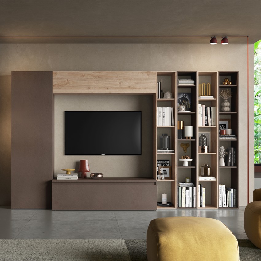 Meuble mural TV moderne bibliothèque bois blanc gris Infinity 10 Promotion Meuble mural TV moderne bibliothèque bois blanc gris Infinity 10 Promotion