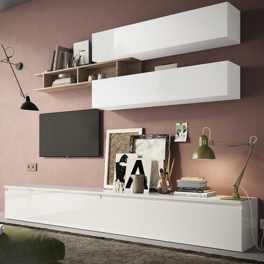 Parete attrezzata soggiorno moderno bianca mobile tv mensola Infinity 21 Promozione Parete attrezzata soggiorno moderno bianca mobile tv mensola Infinity 21 Promozione