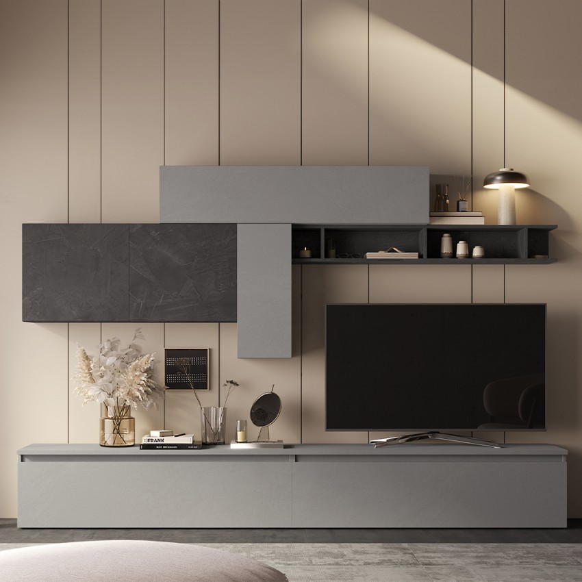 Parete attrezzata salotto design moderno grigia mensola nera Infinity 23 Promozione Parete attrezzata salotto design moderno grigia mensola nera Infinity 23 Promozione
